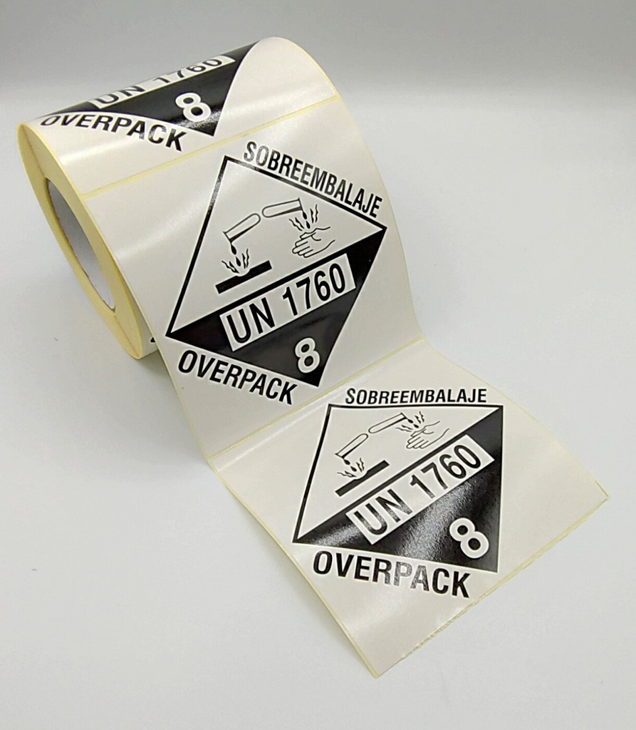 ETIQUETA BOBINA 150X150 MM CLASE 8+  UN 1760+ SOBREEMBALAJE/OVERPACK